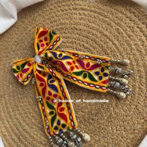 Handmade Multicolor Embroidered Bow Brooch with Ghungroo Charms