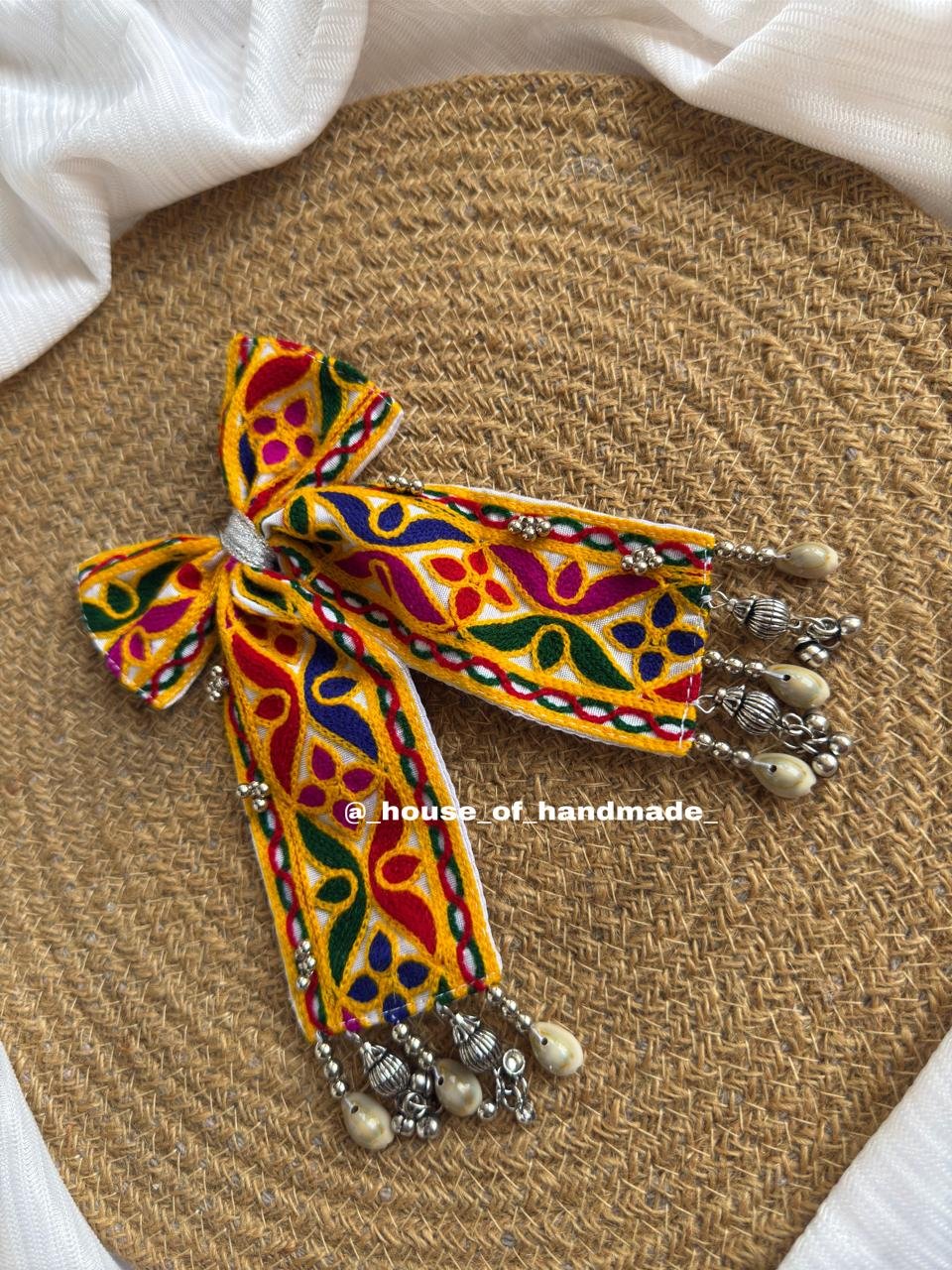 10 1 Handmade Multicolor Embroidered Bow Brooch with Ghungroo Charms Handmade Multicolor Embroidered Bow Brooch with Ghungroo Charms