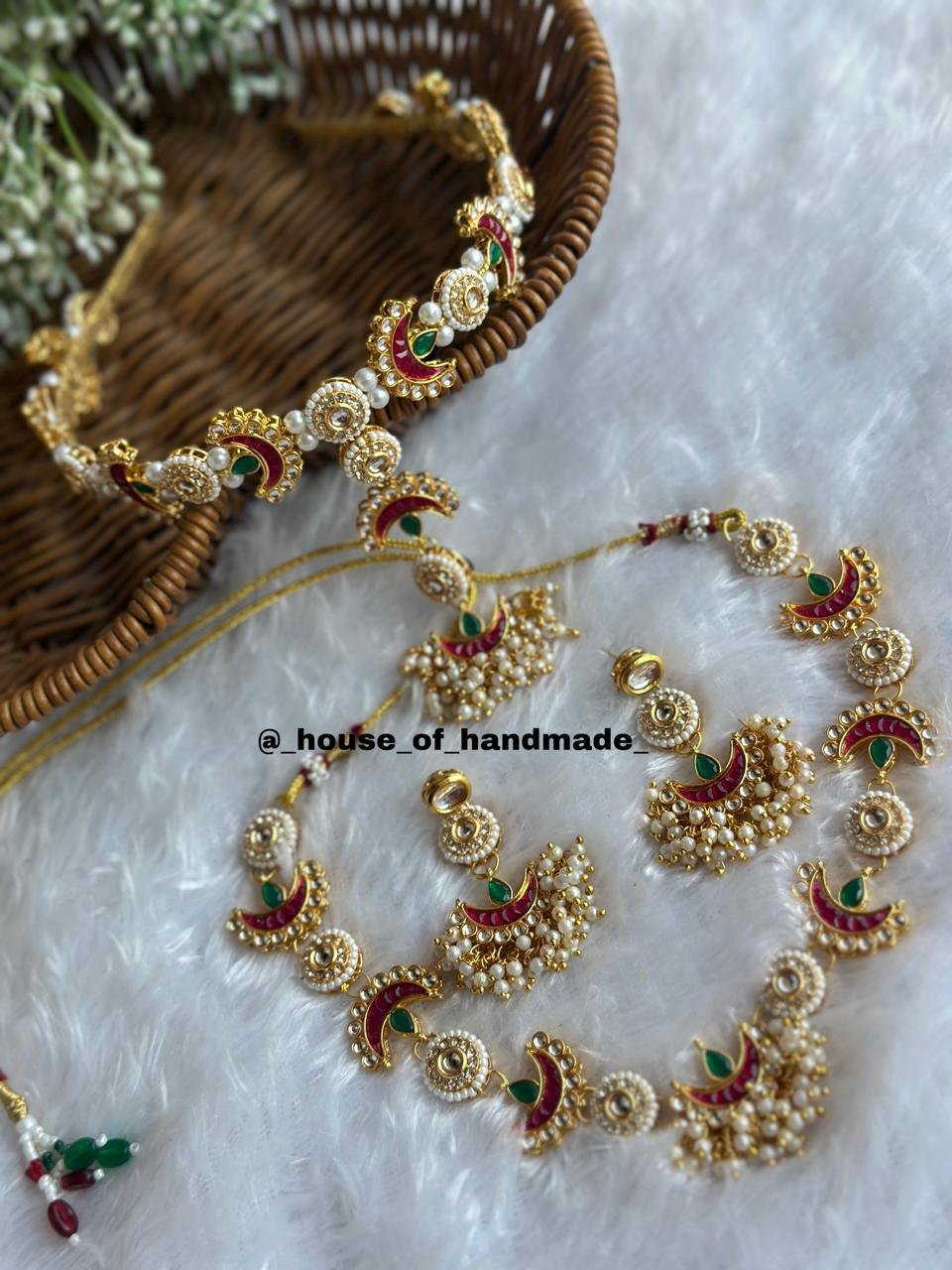 10 2 Handmade Crescent Moon Kundan Meenakari Hairband Necklace Earrings Set Handmade Crescent Moon Kundan Meenakari Hairband Necklace Earrings Set