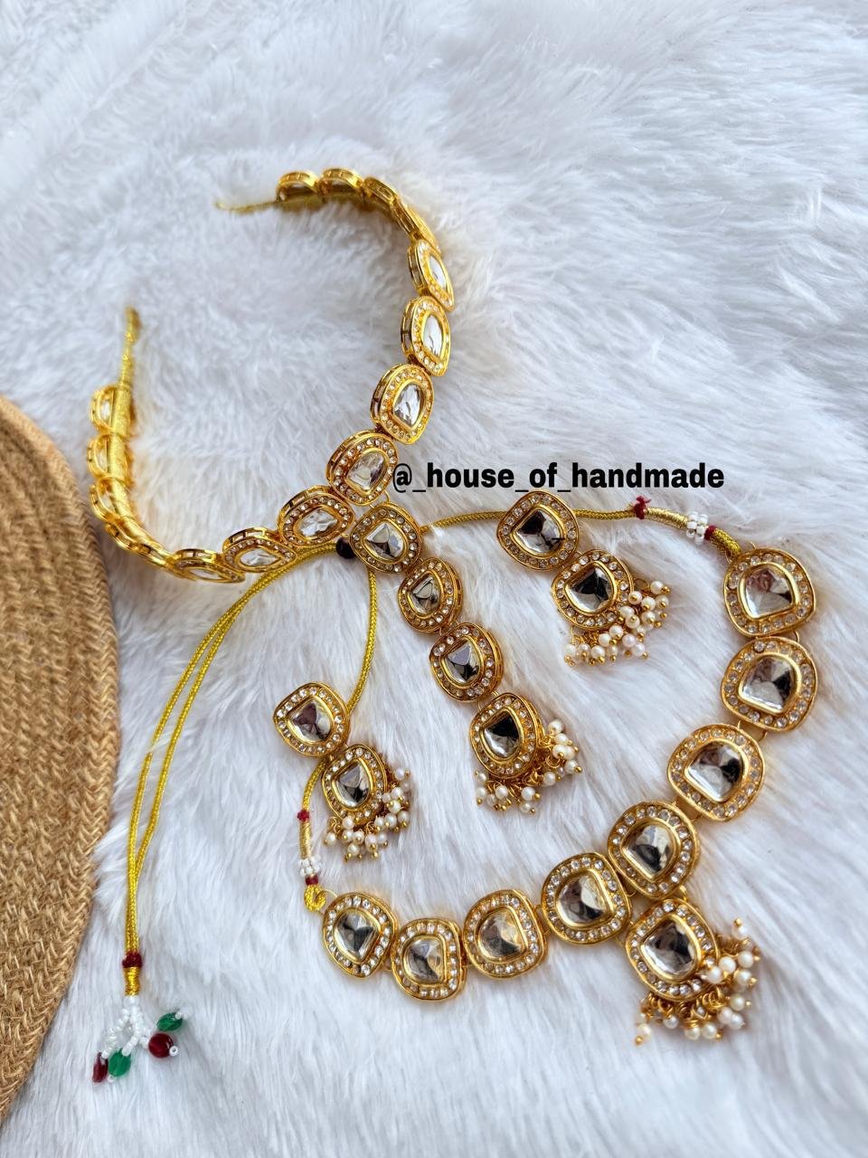 14 Handmade Square-Cut Kundan Jewelry Set with Pearls Handmade Square-Cut Kundan Jewelry Set with Pearls