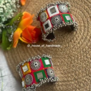 Handcrafted Embroidered Cuff Bangles with Mirror Work & Tribal Accents