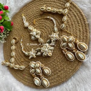 Handcrafted Pearl Cowrie Shell Jewelry Set – Earrings, Bracelet & Maang Tikka