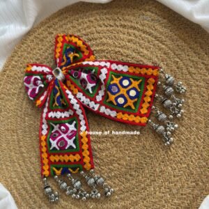 Handmade Embroidered Bow Brooch with Ghungroo Drops