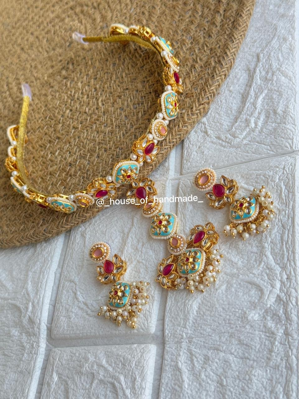 3 12 Handmade Kundan Necklace & Earrings Set – Red, Turquoise & Pearl Handmade Kundan Necklace & Earrings Set – Red, Turquoise & Pearl