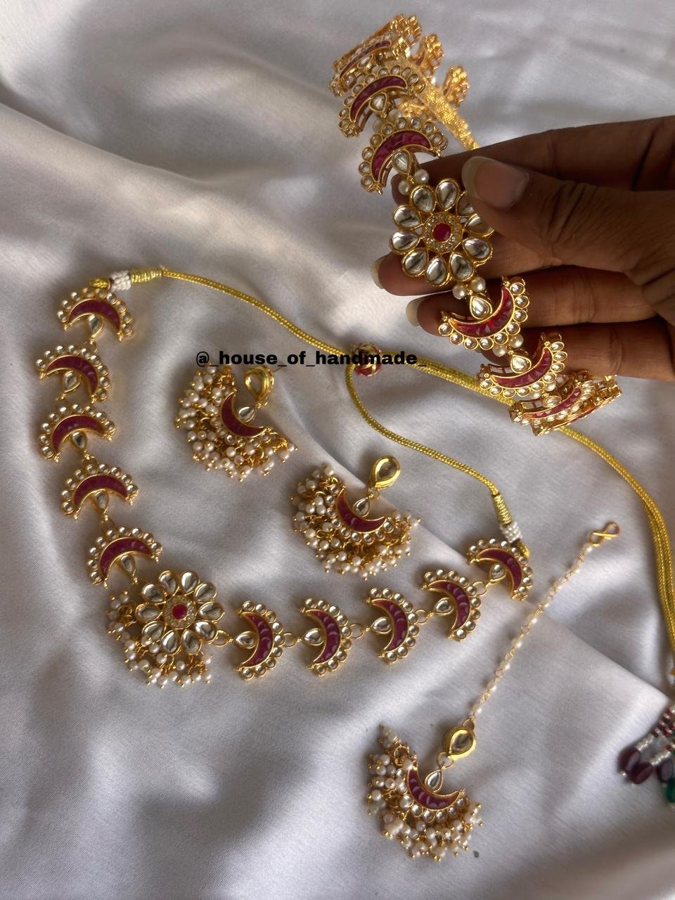 3 7 Handmade Red Bridal Hairband Tika Necklace Earrings Jewelry Set Handmade Red Bridal Hairband Tika Necklace Earrings Jewelry Set