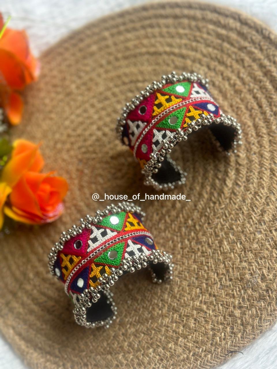 3 9 Tribal Embroidered Cuff Bangles with Mirror Accents & Ghungroo Border Tribal Embroidered Cuff Bangles with Mirror Accents & Ghungroo Border