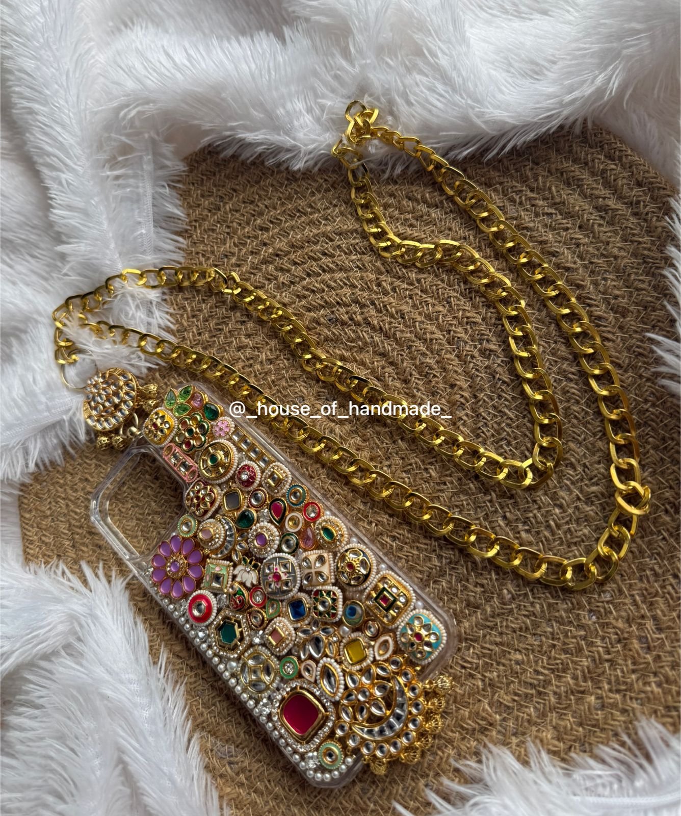 4 4 Handmade Kundan Pearl Embellished Phone Case with Chain Handmade Kundan Pearl Embellished Phone Case with Chain