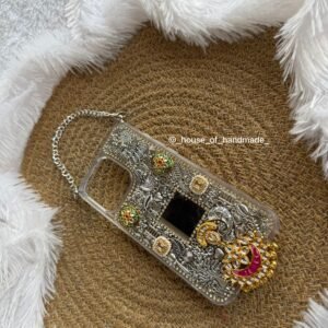 Handmade Kundan Silver Ethnic Phone Case with Chain