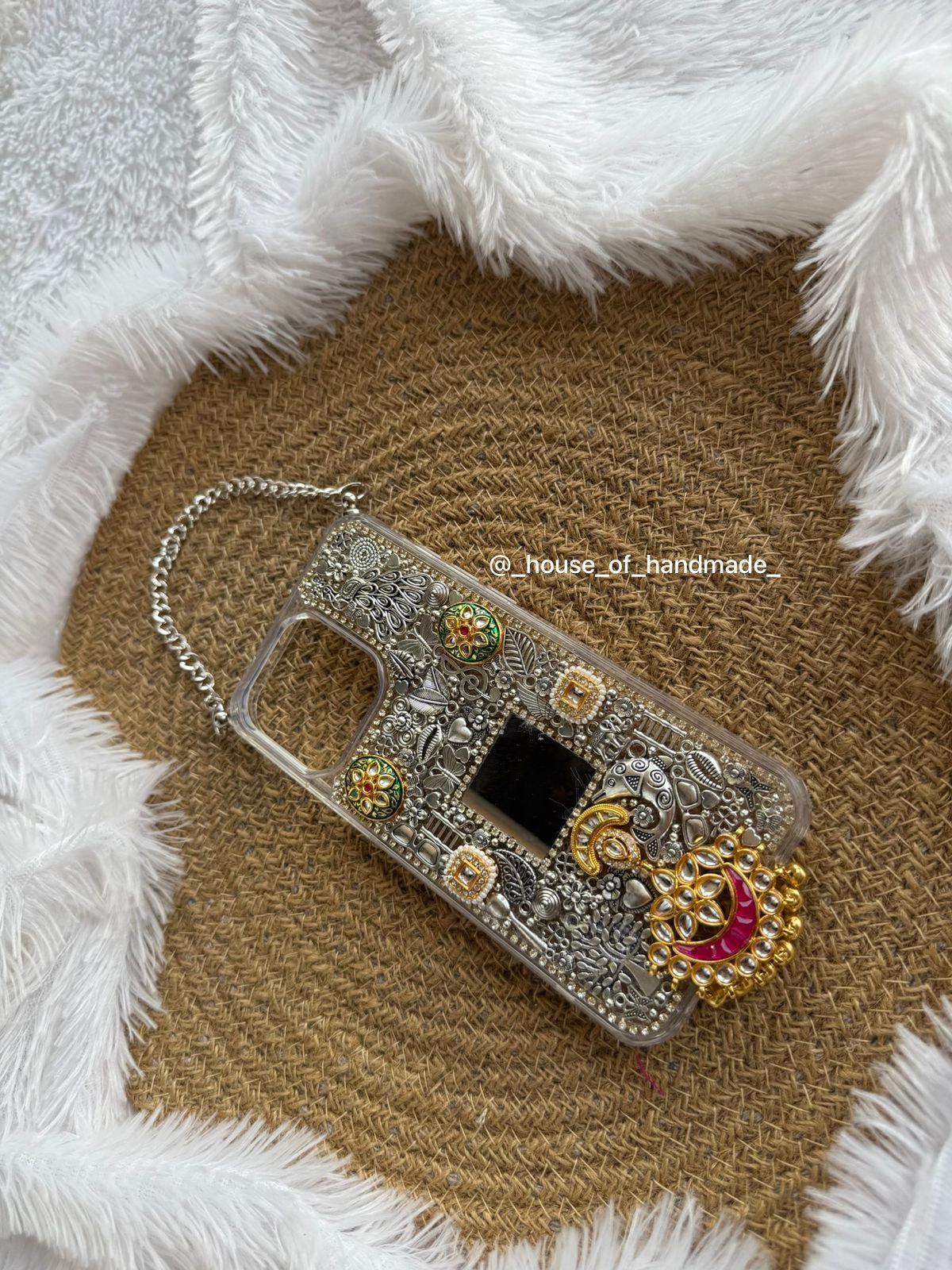 4 5 Handmade Kundan Silver Ethnic Phone Case with Chain Handmade Kundan Silver Ethnic Phone Case with Chain