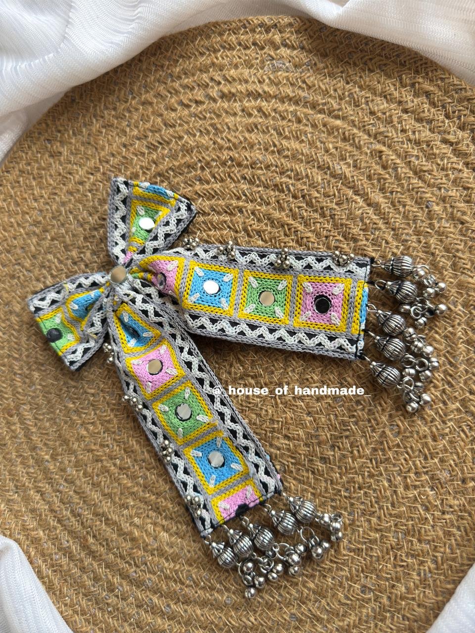 5 3 Handmade Pastel Embroidered Bow Brooch with Ghungroo Handmade Pastel Embroidered Bow Brooch with Ghungroo - Image 2