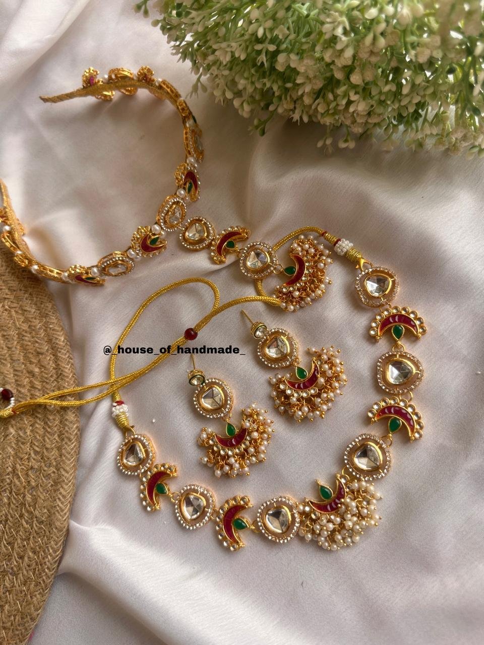 5 4 Handmade Red Green Bridal Hairband Necklace Earrings Jewelry Set Handmade Red Green Bridal Hairband Necklace Earrings Jewelry Set