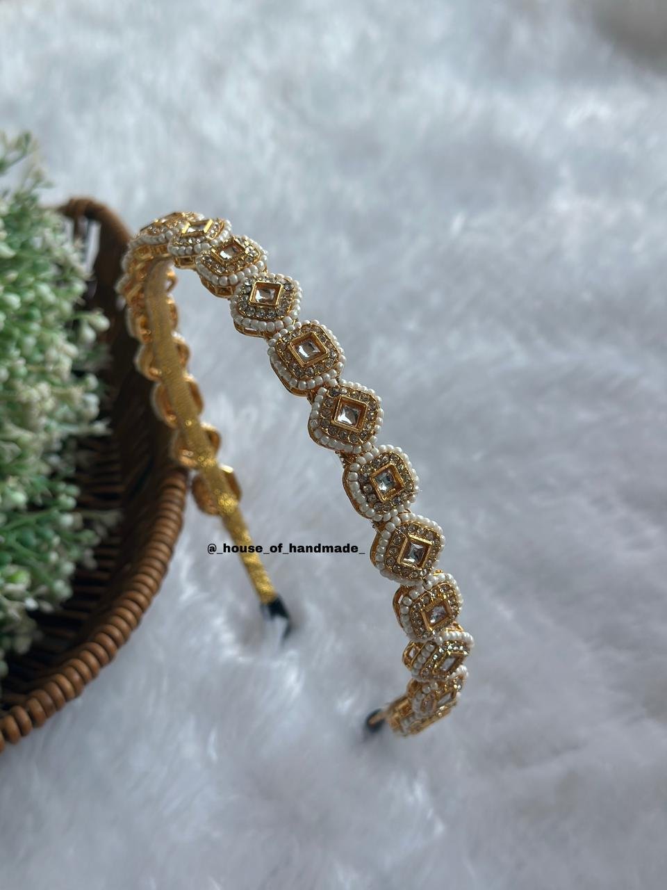 5 6 White Kundan & Pearl Square Hairband | Handmade Gold Bridal Headpiece White Kundan & Pearl Square Hairband | Handmade Gold Bridal Headpiece