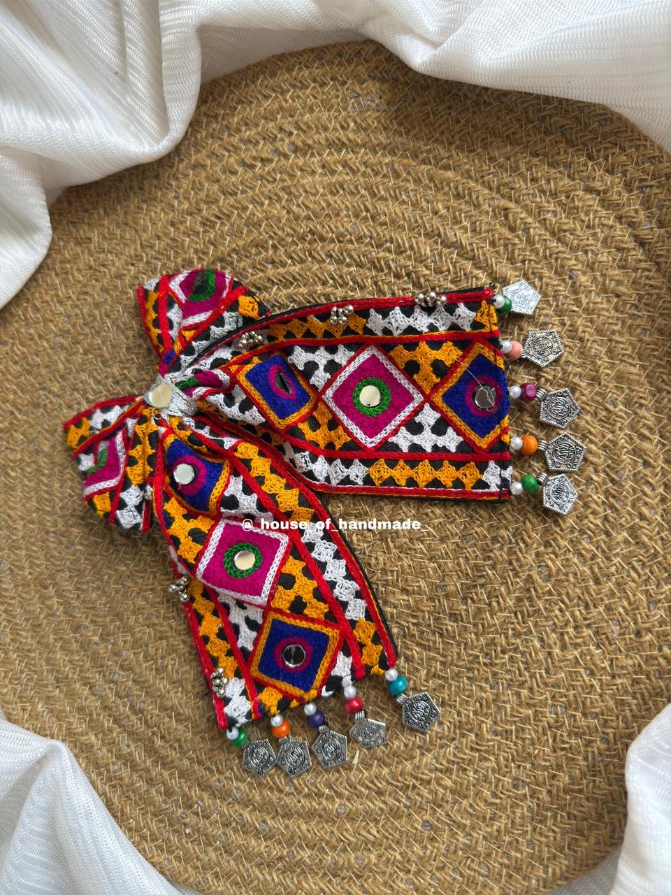 9 1 Handmade Embroidered Bow Brooch with Mirrors, Beads & Silver Charms Handmade Embroidered Bow Brooch with Mirrors, Beads & Silver Charms