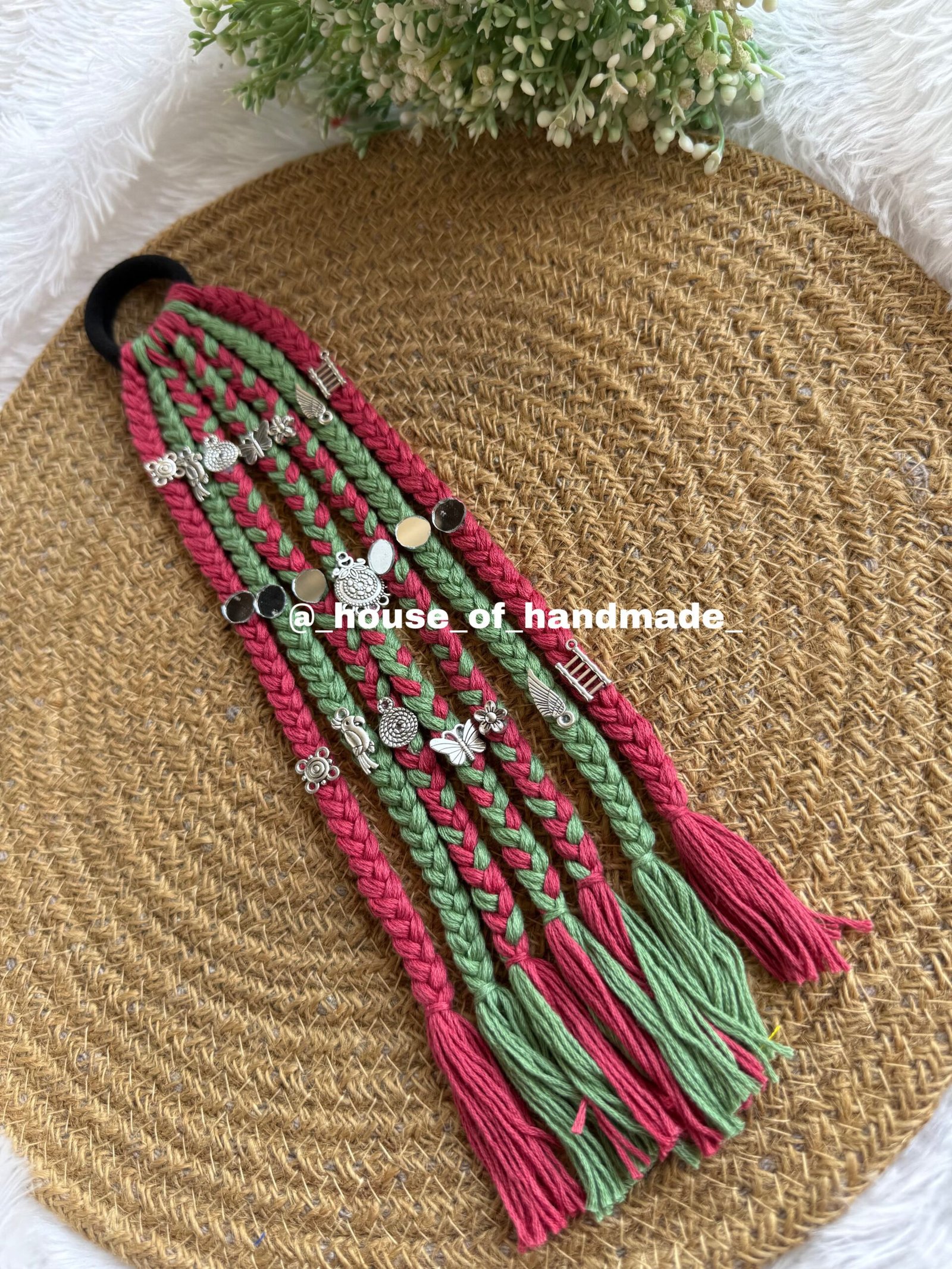 A5E1DCF8 9FBB 4AFE B51F 35CF58527FBC scaled Light shade of maroon & green thread hair string with mirror and oxidise charms Light shade of maroon & green thread hair string with mirror and oxidise charms
