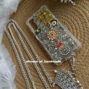 Golden Radha krishna with silver charm n sling case