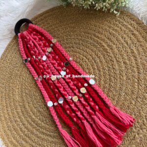 Red & peach boho hair string with round mirror and oxidise flower