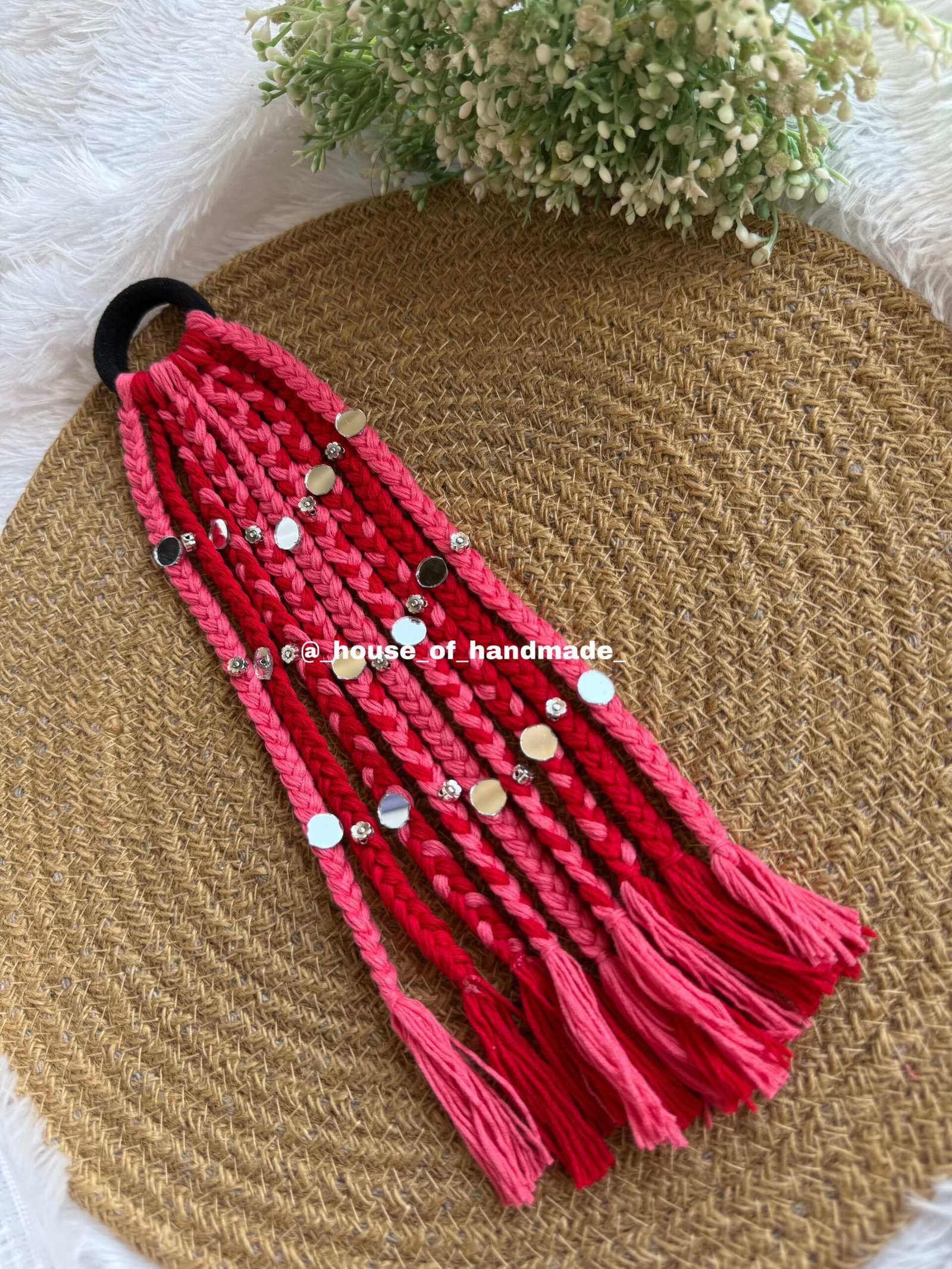 E260B426 D90B 42DD 8501 5703AC12A0FA scaled Red & peach boho hair string with round mirror and oxidise flower Red & peach boho hair string with round mirror and oxidise flower