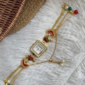 Red moon & red green lotus Kashmiri watch with hanging