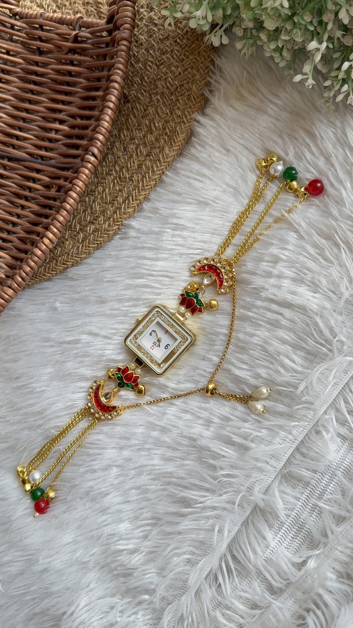 90CF02A1 CDF7 4CC8 93F9 A4C88AD01F33 scaled Red moon & red green lotus Kashmiri watch with hanging Red moon & red green lotus Kashmiri watch with hanging