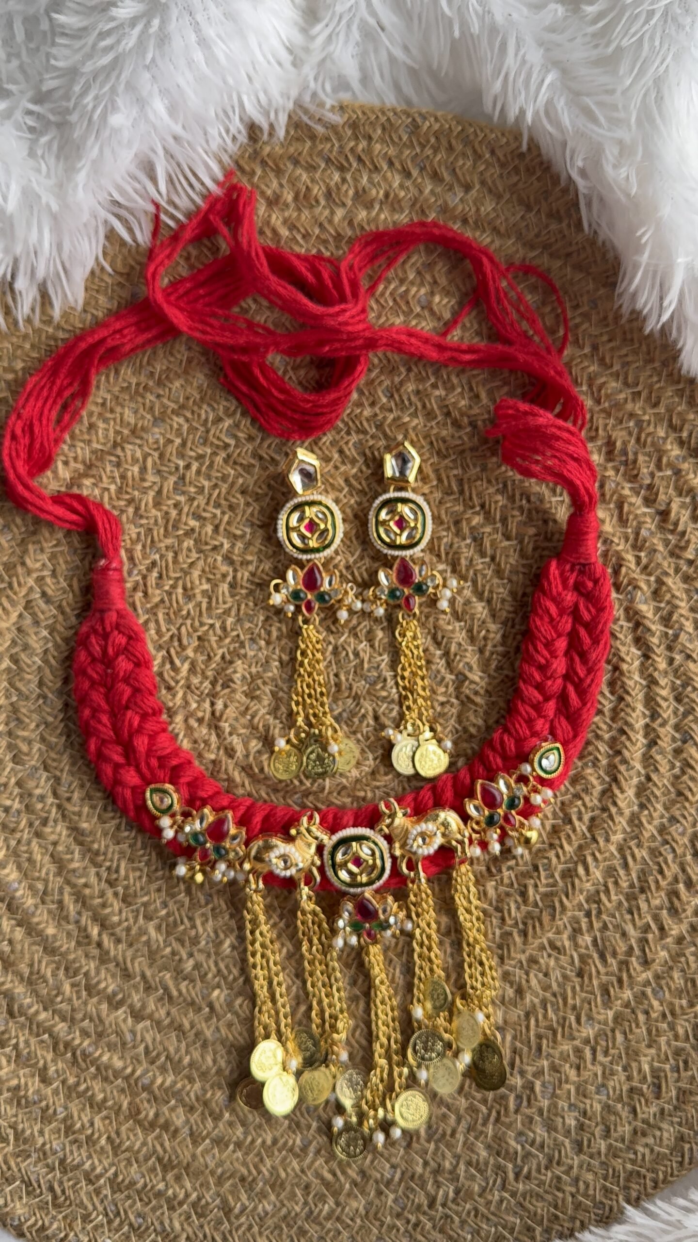 266EF8F5 9ABA 4B74 B5FB B24D84021D45 scaled Red thread choker & earring with long hanging Red thread choker & earring with long hanging