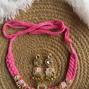 638CA3E1 DF86 4717 BC0A 260C180348FF Home Baby pink & pista thread choker & earring with ghunghru