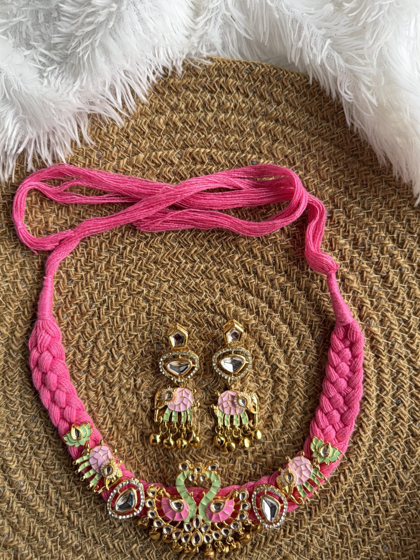 638CA3E1 DF86 4717 BC0A 260C180348FF scaled Baby pink & pista thread choker & earring with ghunghru Baby pink & pista thread choker & earring with ghunghru